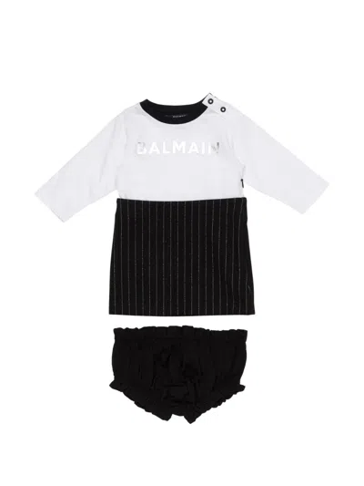 Balmain Babies' Pinstripe Logo-print Dress And Bloomers Set In Black