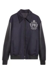 Balmain Pinstripe Mixed Media Varsity Jacket In Blue