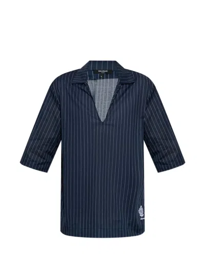 Balmain Pinstripe V-neck Cotton T-shirt In Blue