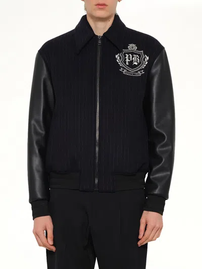 Balmain Pinstripe Wool Varsity Jacket In Blue