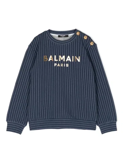 Balmain Kids' Pinstriped Logo-print Sweatshirt In Blue