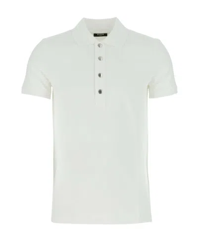 Balmain Monogrammed Textured Fabric Polo Shirt With Metal Buttons In White