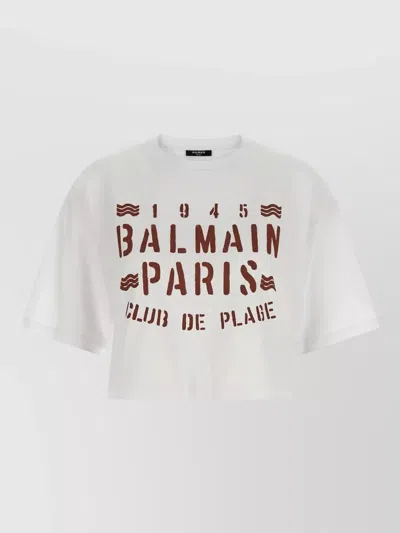 Balmain Plage Motif Cropped Crew Neck T Shirt In White