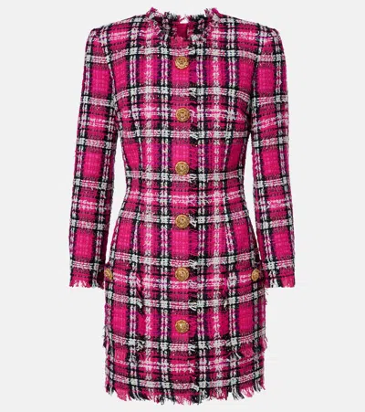 Balmain Plaid Cotton And Wool-blend Minidress In Pink