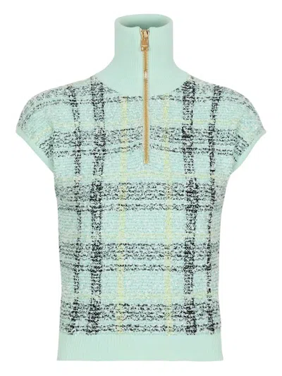 Balmain Plaid-detail Zip-fastening Top In Blue