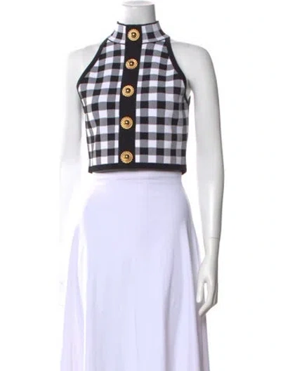 Pre-owned Balmain Plaid Print Halterneck Crop Top In Black