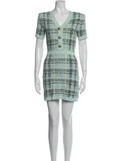 Pre-owned Balmain Plaid Print Mini Dress In Blue