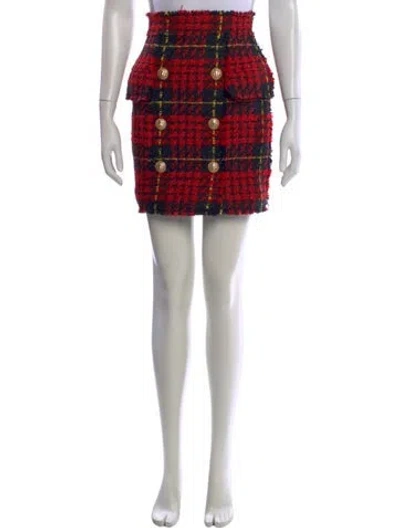 Pre-owned Balmain Plaid Print Mini Skirt In Red