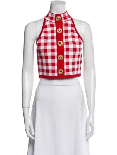 Pre-owned Balmain Plaid Print Mock Neck Crop Top In Red