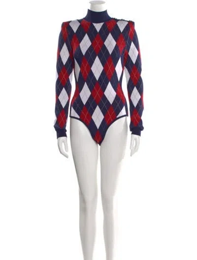 Pre-owned Balmain Plaid Print Mock Neck Top In Blue