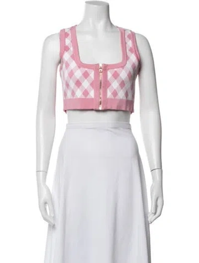 Pre-owned Balmain Plaid Print Square Neckline Crop Top In Pink