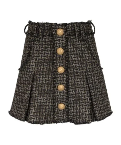 Balmain Button-embellished Pleated Metallic Tweed Mini Skirt In Black
