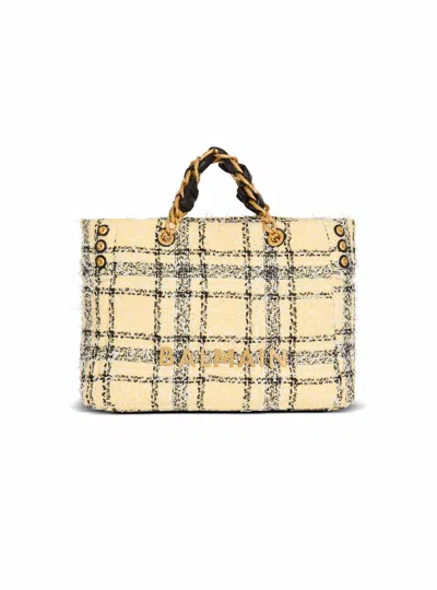 Balmain Plaid Tweed 1945 Tote Bag In Yellow