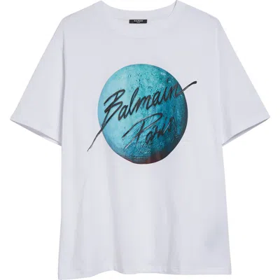 Balmain Paris Logo And Planet T-shirt In White