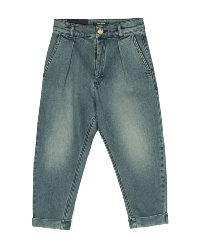 Balmain Pleat-detail Logo-patch Jeans In Green