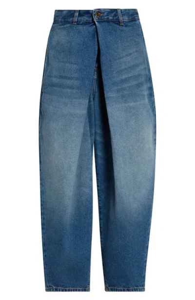 Balmain Pleated Barrel Leg Jeans In Blue