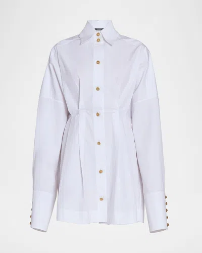 Balmain Pleated Cotton Popeline Oversized Mini Shirtdress In White
