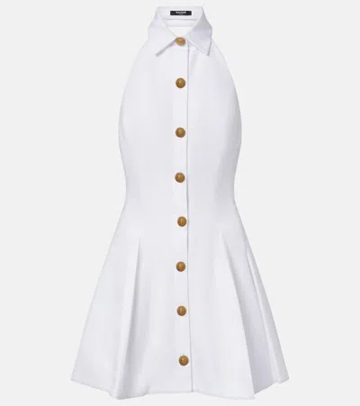 Balmain Halterneck Cotton-poplin Mini Dress In White