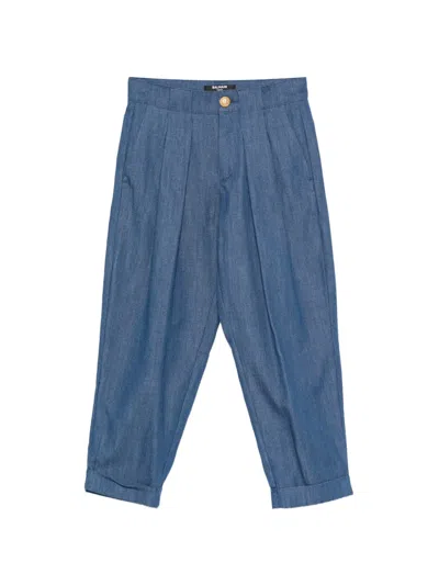 Balmain Kids' Pleated Cuffed Trousers In Blue