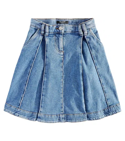 Balmain Kids' Pleated Denim Skirt In Blue