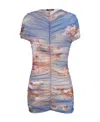 Balmain Sky-print Ruched Tulle Mini Dress In Multicolor
