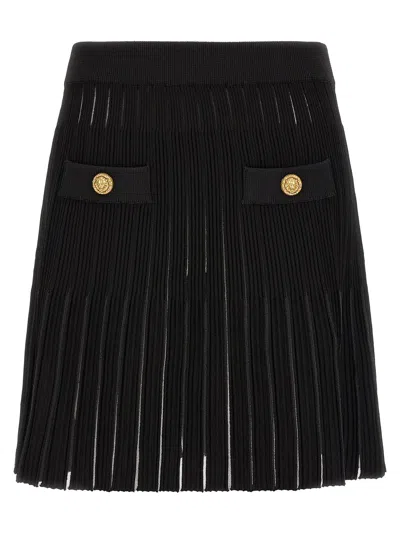 Balmain Pleated Flared Knit Skirt In Black