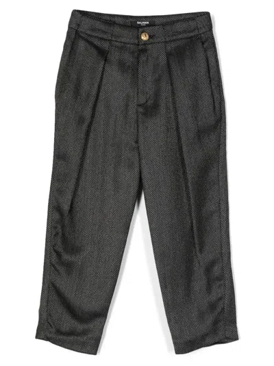 Balmain Kids' Pleated Herringbone-pattern Trousers In Black