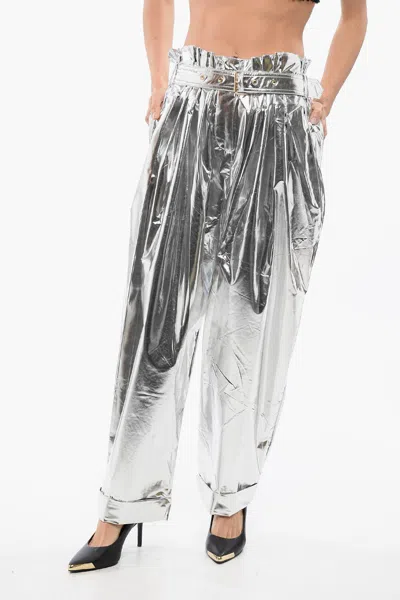 Balmain Pleated High-waisted Baggy-fit Pants Metallic Effect In Silver