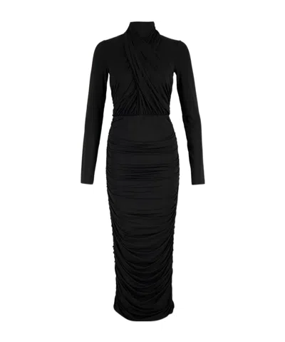 Balmain Pleated Jersey Midi Dress In Black