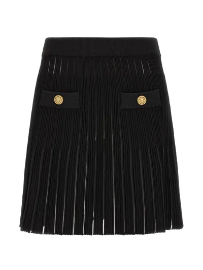 Balmain Pleated Skirt Elastic Waistband Gold Button Accents In Black