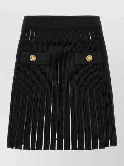 Balmain Pleated Skirt Elastic Waistband Gold Button Accents In Black
