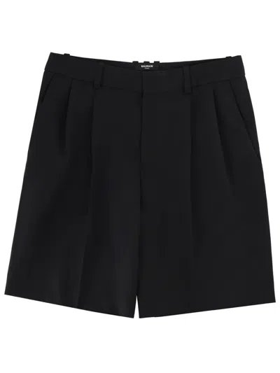 Balmain Pleated Tailored Wool Shorts In Black