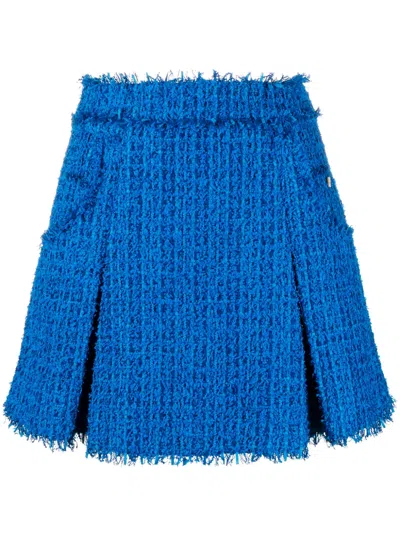 Balmain Tweed Pleated Flare Mini Skirt In Blue
