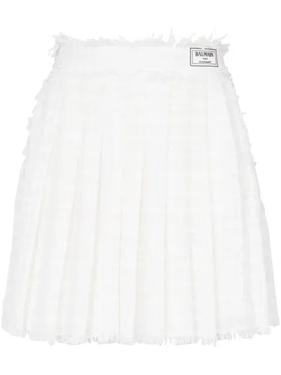 Balmain Tweed High-waisted Pleated Mini Skirt In White