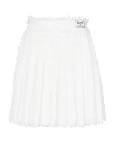BALMAIN BALMAIN LOGO PATCH PLEATED TWEED MINI SKIRT