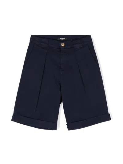 Balmain Kids' Inverted-pleat Twill Shorts In Blue