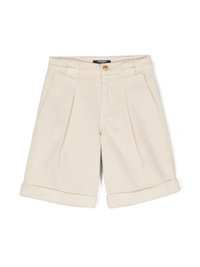 Balmain Kids' Pleated Twill Tailored Shorts In Neutrals