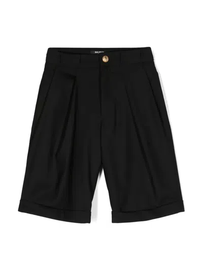 Balmain Kids' Pleated Wool Shorts In 黑色