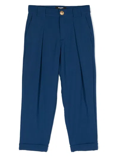 Balmain Kids' Pleated Wool Trousers In Blue