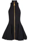 Balmain Zip-detailed Pleated Grain De Poudre Wool Mini Dress In Black