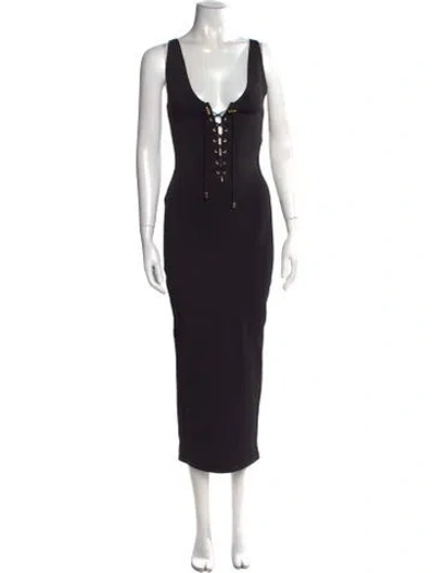 Pre-owned Balmain Plunge Neckline Midi Length Dress In Black