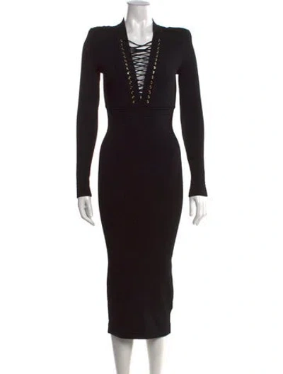 Pre-owned Balmain Plunge Neckline Midi Length Dress In Black