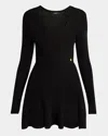 Balmain Plunging Long-sleeve Rib Knit Mini Dress In Black