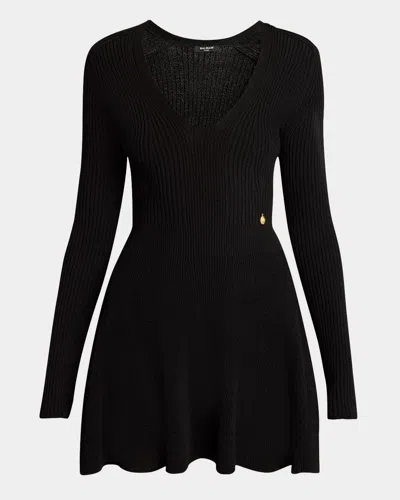 Balmain Plunging Long-sleeve Rib Knit Mini Dress In Black