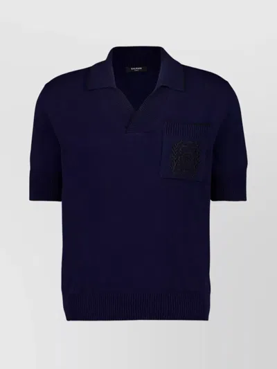 Balmain Pocketed Collar Cuffs Hem Polo Shirt In Blue