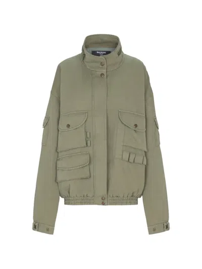 Balmain Pockets Twill Bomber Jacket In Green