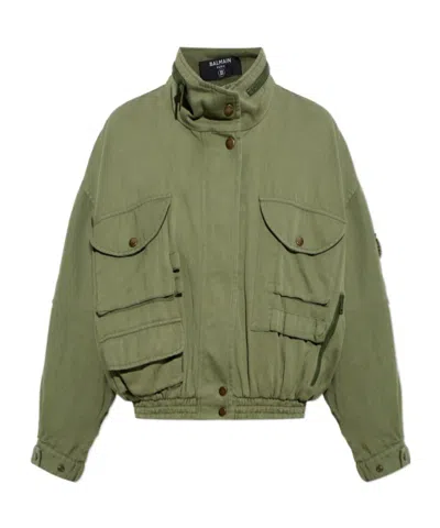 Balmain Pockets Twill Bomber Jacket In Green