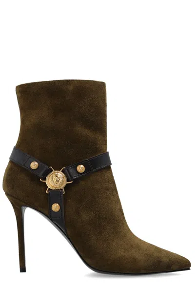 Balmain 105mm Pointed Suede Ankle Boots In Green