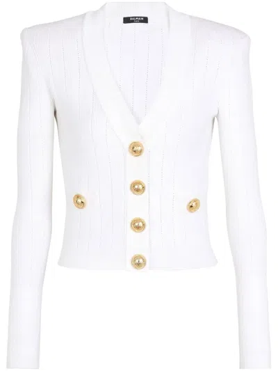 BALMAIN POINTELLE-KNIT V-NECK CARDIGAN