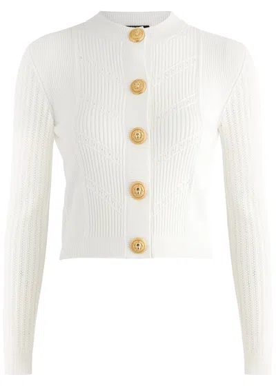 Balmain Pointelle Ribbed-knit Cardigan In White